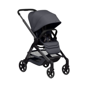 Compacte grijze Joolz Hub2 kinderwagen Stone Grey in zijaanzicht, met grote zonnekap, boodschappenmand en ergonomische zitting.