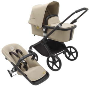 Bugaboo Fox Cub kinderwagen in Desert Beige met zwart frame en grote wielen.