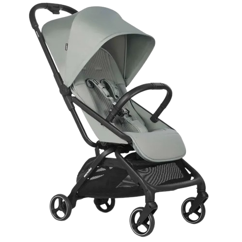 Compacte Easywalker Rockey S buggy in de kleur Fresh Green, met zwarte frame en zonnekap, staand in zijaanzicht.
