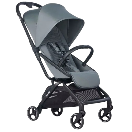 Compacte Easywalker Rockey S buggy in de kleur Smooth Grey, met zwarte frame en zonnekap, staand in zijaanzicht.