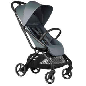 Easywalker Rockey M buggy in de kleur Smooth Grey, met donker frame en grote zonnekap, schuin van opzij gezien.