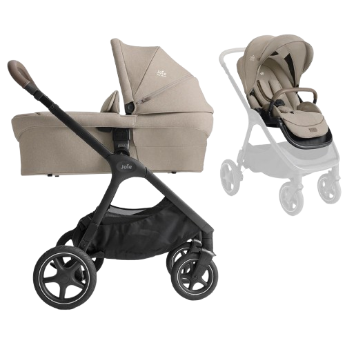 Joie Signature Finiti Sandstone kinderwagen in donkere uitvoering, met zonnekap en vier wielen, gefotografeerd schuin van voren.