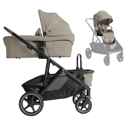 Joie Signature Versiti Sandstone kinderwagen in premium uitvoering, met royale zonnekap en vier wielen, gefotografeerd schuin van voren.